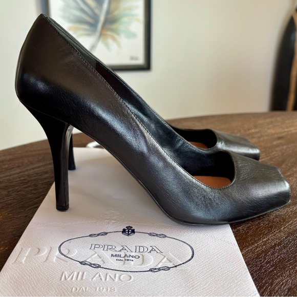 PRADA Black Open Square Toe Leather Heels - Picture 6 of 10